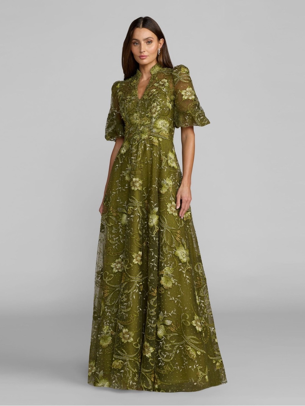 MAC DUGGAL Green Size 10 Queen Anne Puff Sleeve Embroidered A-Line Gown Dress